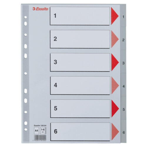 100104.jpg Przekładki plastikowe szare PP numeryczne A4 Esselte, 1-6