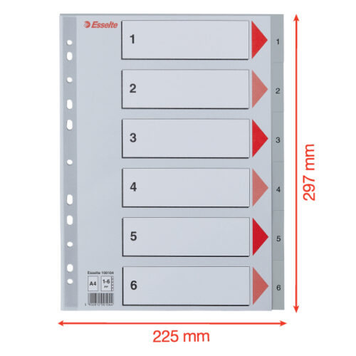 100104_05.jpg Przekładki plastikowe szare PP numeryczne A4 Esselte, 1-6