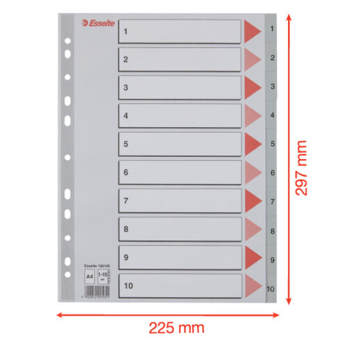100105_05.jpg Przekładki plastikowe szare PP numeryczne A4 Esselte, 1-10