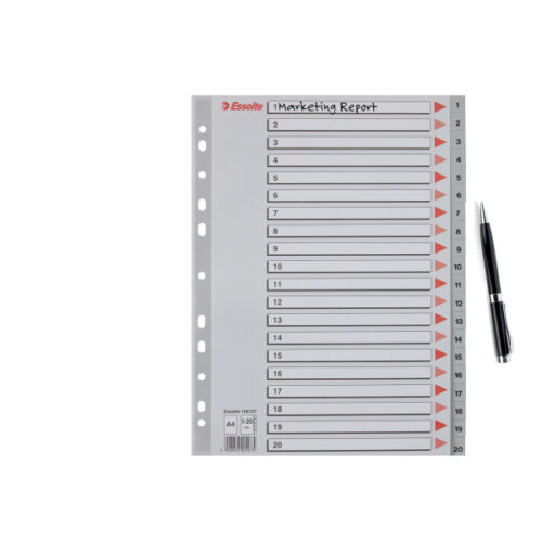 100107_03.jpg Przekładki plastikowe szare PP numeryczne A4 Esselte, 1-20