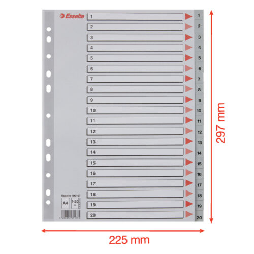 100107_05.jpg Przekładki plastikowe szare PP numeryczne A4 Esselte, 1-20