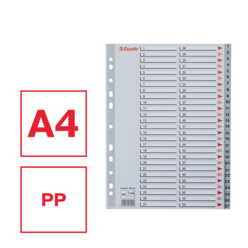 100109_01.jpg Przekładki plastikowe szare PP numeryczne A4 Esselte, 1-54