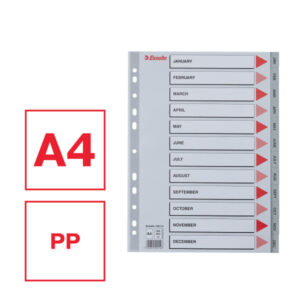 Przekładki plastikowe szare PP numeryczne A4 Esselte, 12 miesięcy