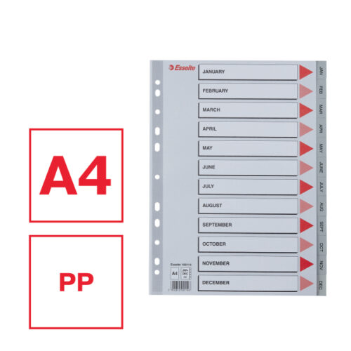 100114_01.jpg Przekładki plastikowe szare PP numeryczne A4 Esselte, 12 miesięcy