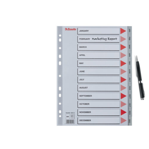 100114_03.jpg Przekładki plastikowe szare PP numeryczne A4 Esselte, 12 miesięcy