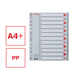 Przekładki plastikowe szare PP alfabetyczne A4 Esselte, 1-12 maxi