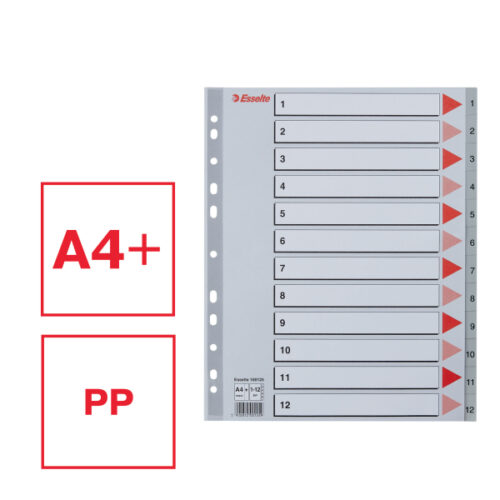 100125_01.jpg Przekładki plastikowe szare PP alfabetyczne A4 Esselte, 1-12 maxi