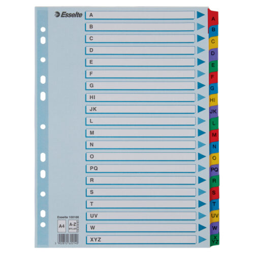Przekładki kartonowe Mylar A4 Esselte, biały A-Z