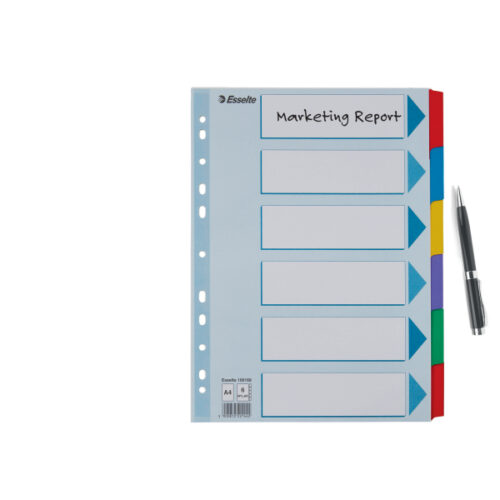 100168_03.jpg Przekładki, kolorowy karton, karta opisowa Mylar A4, Esselte, 6 kart