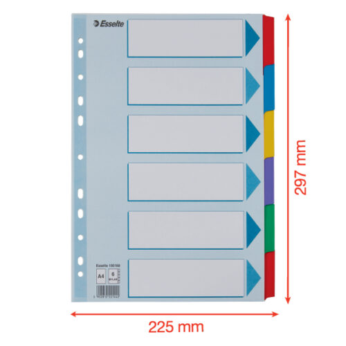 100168_05.jpg Przekładki, kolorowy karton, karta opisowa Mylar A4, Esselte, 6 kart