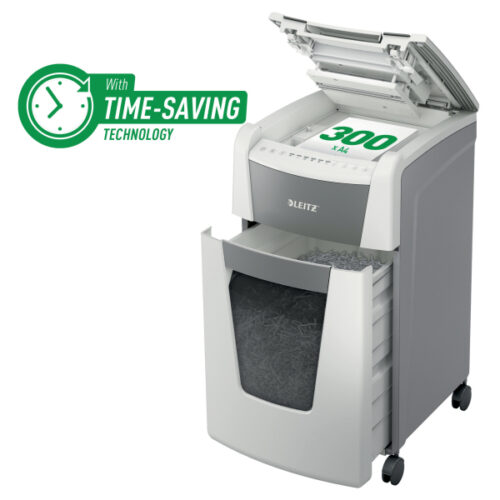 80150000.jpg Niszczarka Leitz IQ AutoFeed 300, P4, 300 kartek, 60 l kosz